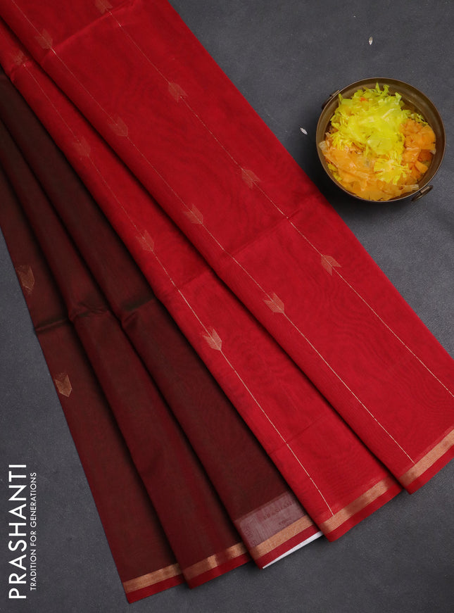 Kora silk cotton saree manthulir green and red with zari woven buttas and zari woven border