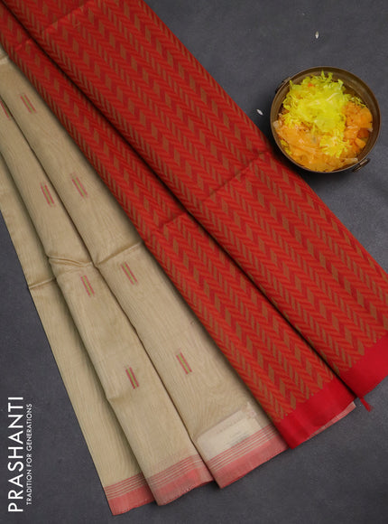Kora silk cotton saree sandal and red with thread woven buttas and simple border