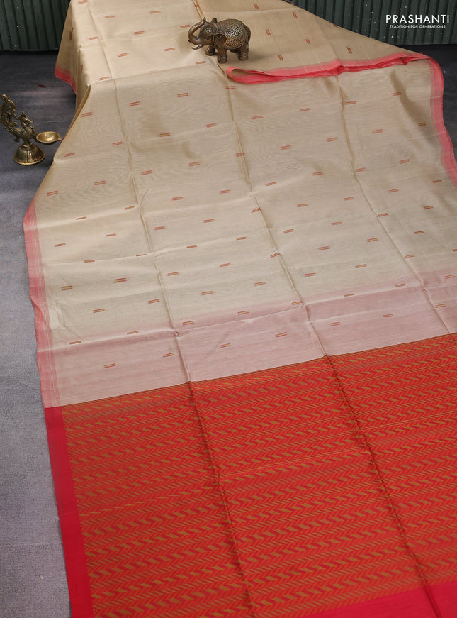 Kora silk cotton saree sandal and red with thread woven buttas and simple border