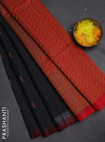 Kora silk cotton saree elephant grey and red with thread woven buttas and simple border