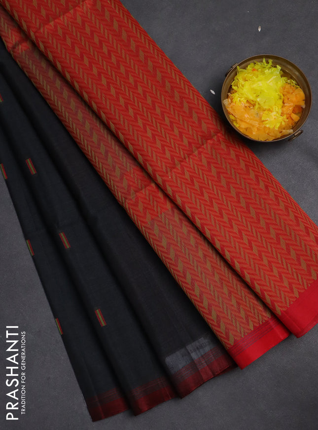 Kora silk cotton saree elephant grey and red with thread woven buttas and simple border