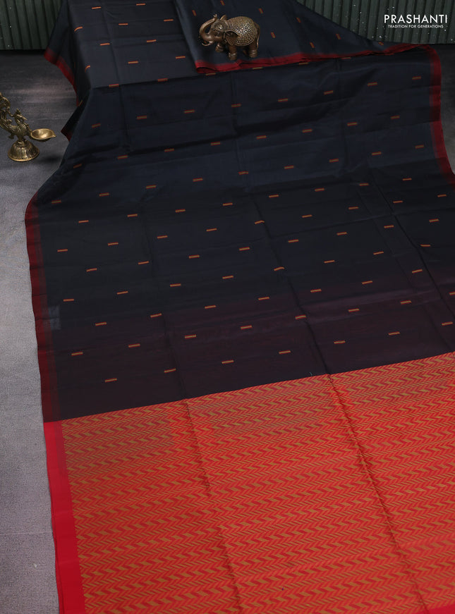 Kora silk cotton saree elephant grey and red with thread woven buttas and simple border