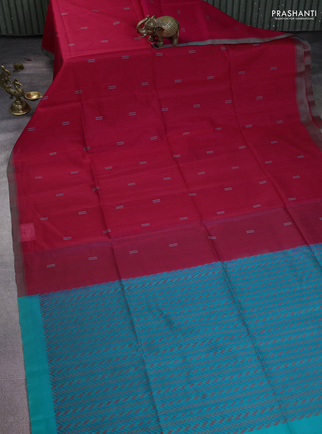 Kora silk cotton saree pink and teal green with thread woven buttas and simple border