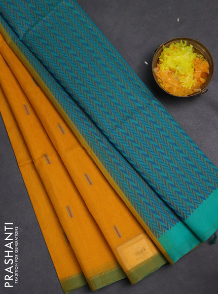 Kora silk cotton saree mustard yellow and teal green with thread woven buttas and simple border