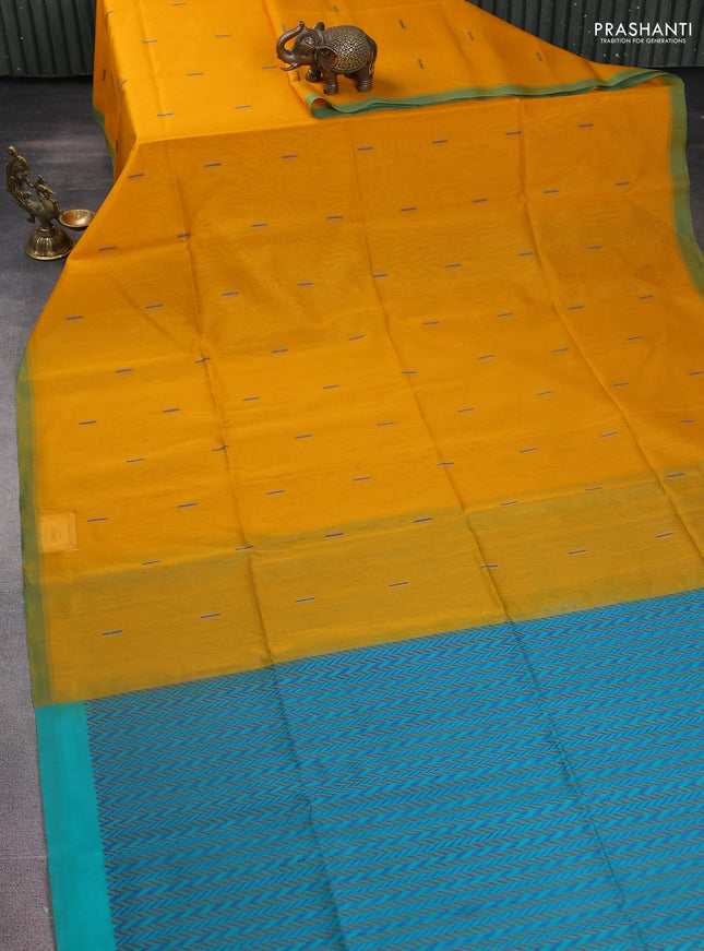 Kora silk cotton saree mustard yellow and teal green with thread woven buttas and simple border