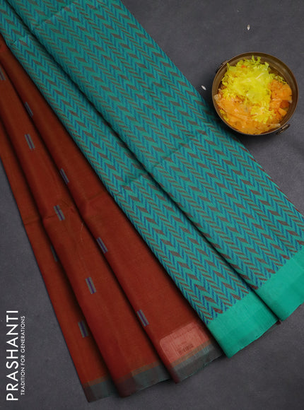Kora silk cotton saree dual shade of honey and teal green with thread woven buttas and simple border