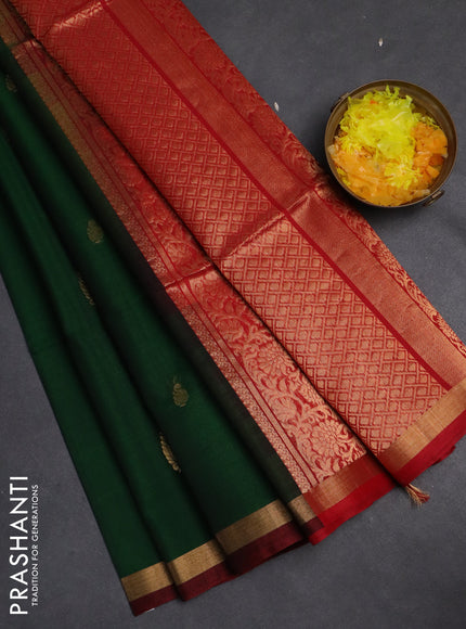 Kora silk cotton saree dark green and red with zari woven buttas and zari woven border