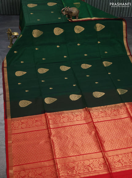 Kora silk cotton saree dark green and red with zari woven buttas and zari woven border