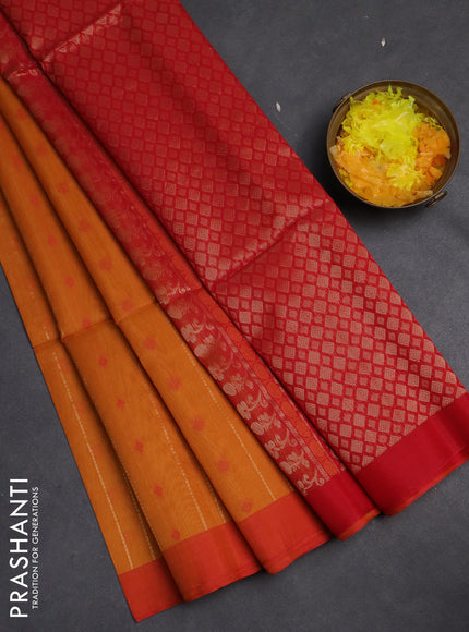 Kora silk cotton saree mustard yellow and red with allover zari weaves & thread buttas and simple border