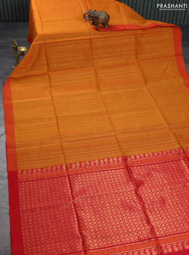 Kora silk cotton saree mustard yellow and red with allover zari weaves & thread buttas and simple border