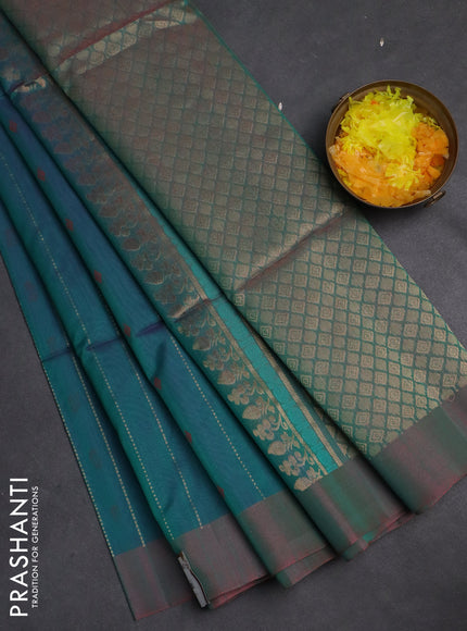 Kora silk cotton saree dual shade of teal blueish green and dual shade of greenish pink with allover zari weaves & thread buttas and simple border
