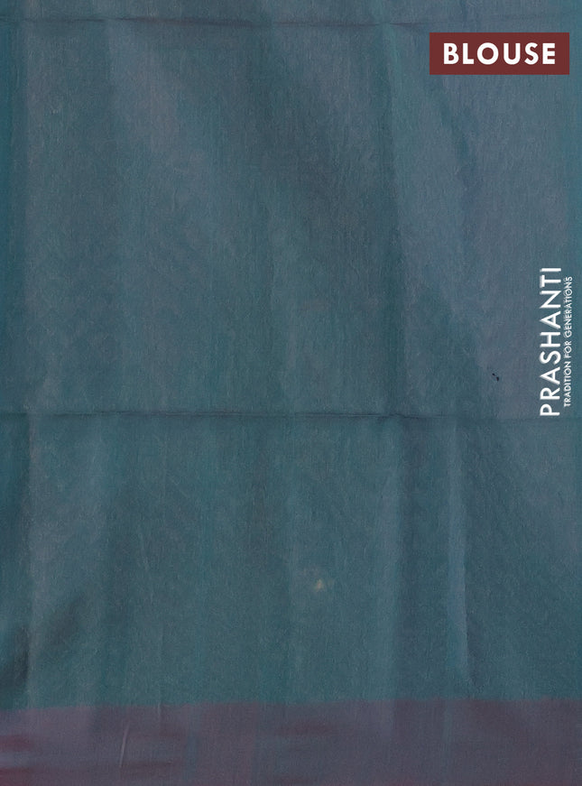 Kora silk cotton saree dual shade of teal blueish green and dual shade of greenish pink with allover zari weaves & thread buttas and simple border