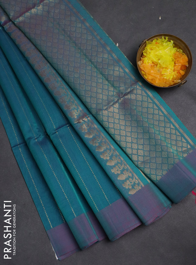 Kora silk cotton saree dual shade of blue and dual shade of bluish pink with allover zari weaves & thread buttas and simple border