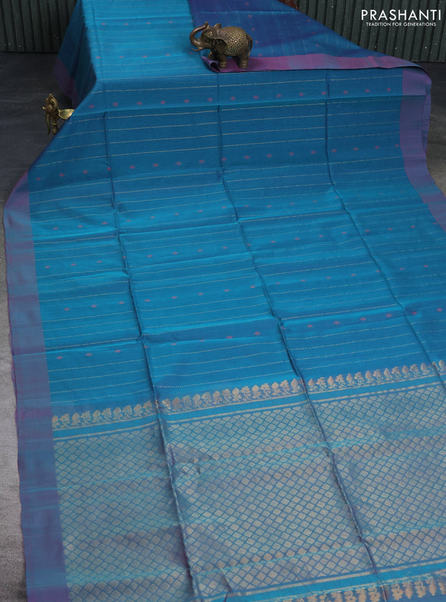 Kora silk cotton saree dual shade of blue and dual shade of bluish pink with allover zari weaves & thread buttas and simple border
