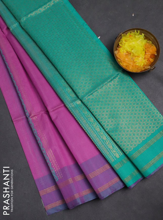 Kora silk cotton saree lavender and teal green with silver & gold zari woven buttas and rettapet zari woven border