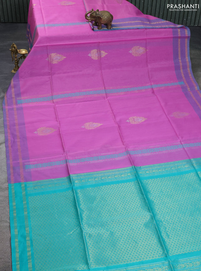 Kora silk cotton saree lavender and teal green with silver & gold zari woven buttas and rettapet zari woven border
