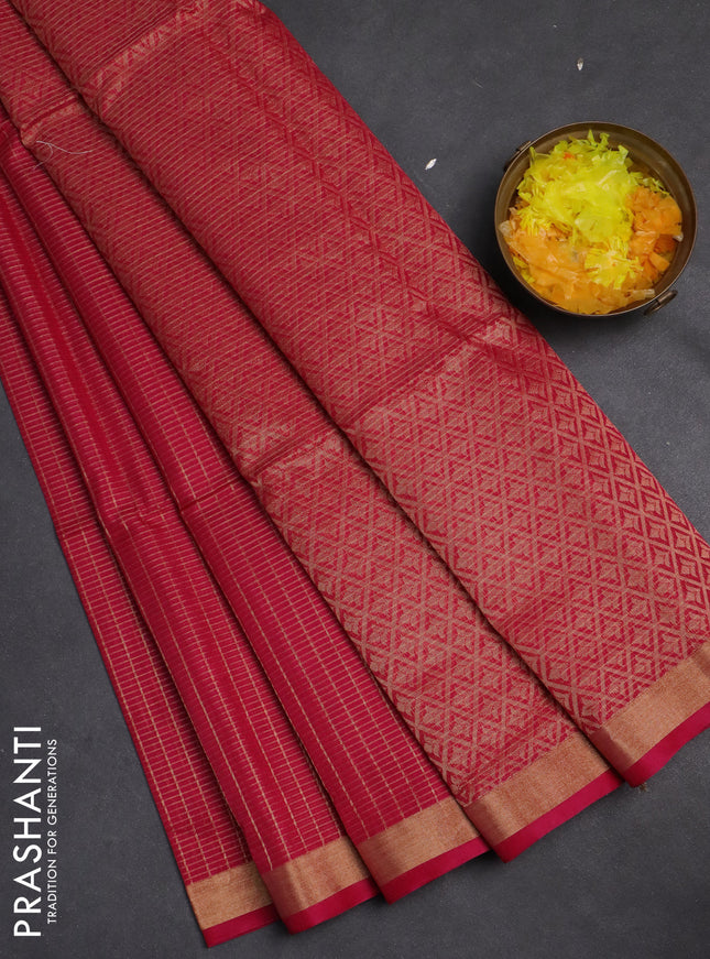 Kora silk cotton saree pink with allover zari woven checked pattern and zari woven border