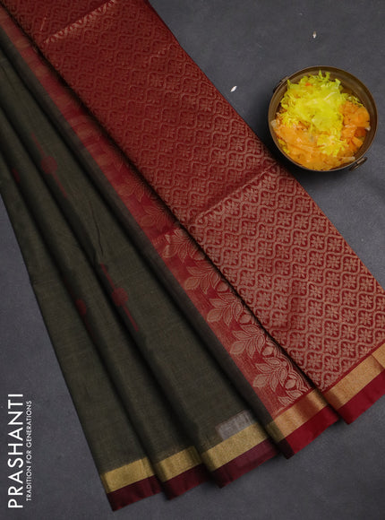 Kora silk cotton saree greyish green and maroon with thread & zari woven buttas and zari woven border