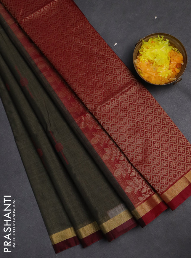Kora silk cotton saree greyish green and maroon with thread & zari woven buttas and zari woven border