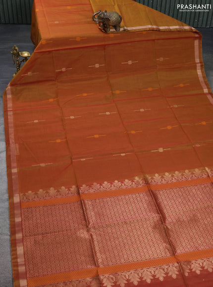 Kora silk cotton saree dual shade of dark mustard and maroon with thread & zari woven buttas and zari woven border