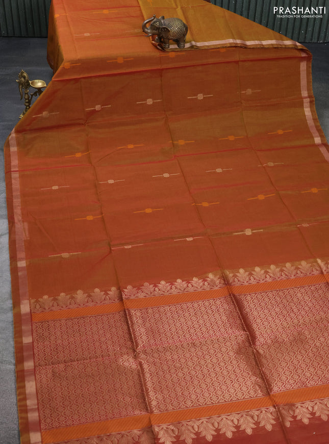 Kora silk cotton saree dual shade of dark mustard and maroon with thread & zari woven buttas and zari woven border