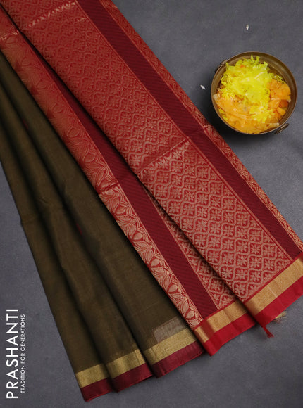 Kora silk cotton saree dark mehendi green and maroon with thread & zari woven buttas and zari woven border