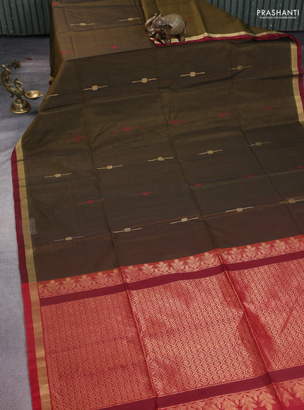 Kora silk cotton saree dark mehendi green and maroon with thread & zari woven buttas and zari woven border