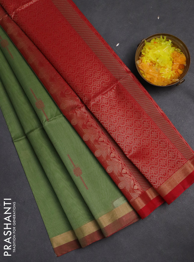 Kora silk cotton saree pastel green and red with thread & zari woven buttas and zari woven border