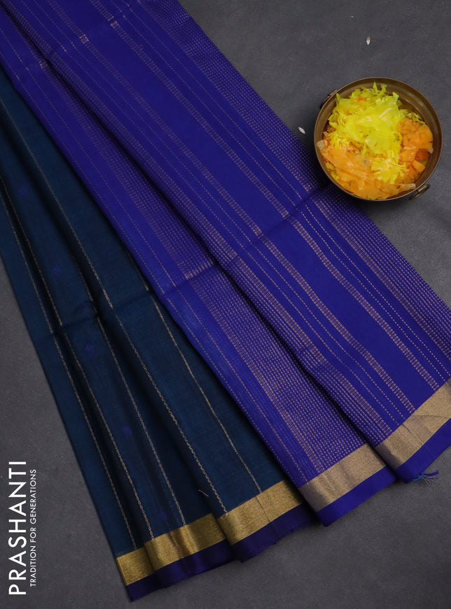 Kora silk cotton saree peacock blue and blue with allover zari weaves & thread buttas and zari woven border