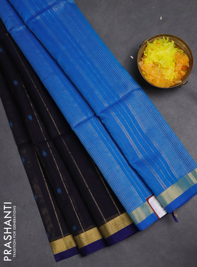Kora silk cotton saree deep jamun and cs blue with allover zari weaves & thread buttas and zari woven border