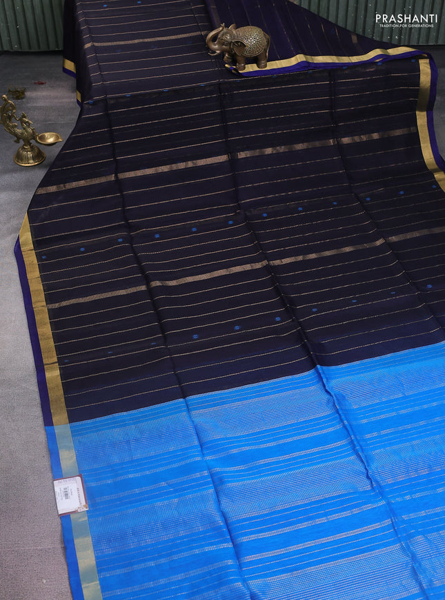 Kora silk cotton saree deep jamun and cs blue with allover zari weaves & thread buttas and zari woven border