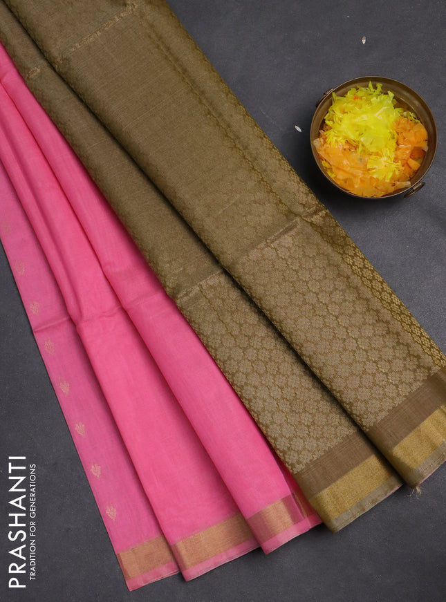 Kora silk cotton saree light pink and elaichi green with thread & zari woven buttas and zari woven border