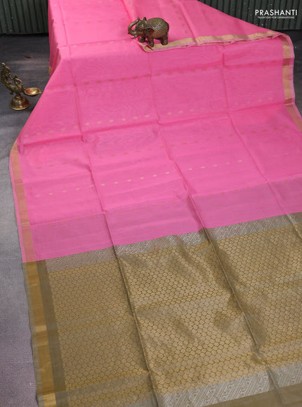 Kora silk cotton saree light pink and elaichi green with thread & zari woven buttas and zari woven border