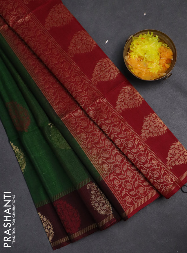 Kora silk cotton saree green and maroon with thread & zari woven buttas and zari woven butta border