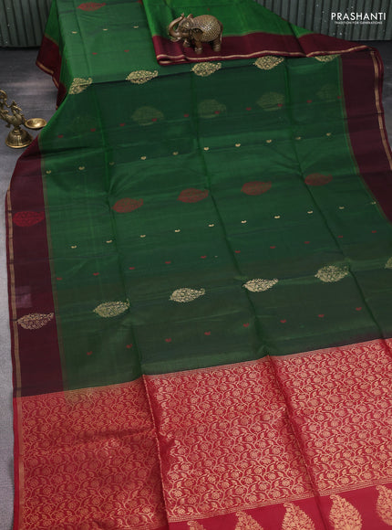 Kora silk cotton saree green and maroon with thread & zari woven buttas and zari woven butta border