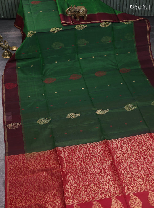 Kora silk cotton saree green and maroon with thread & zari woven buttas and zari woven butta border