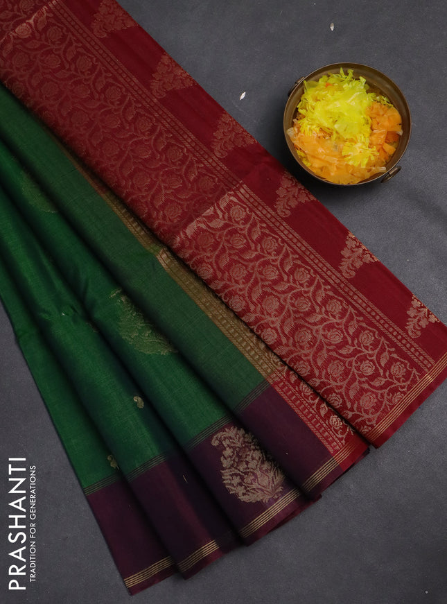 Kora silk cotton saree green and maroon with thread & zari woven buttas and zari woven butta border