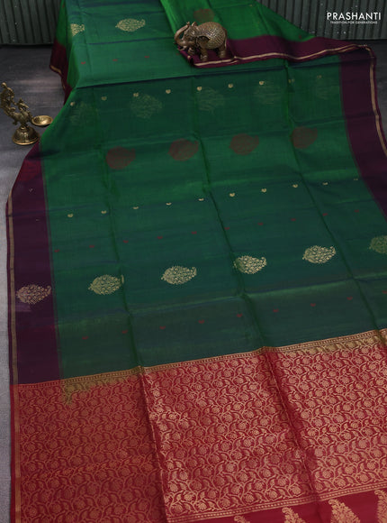 Kora silk cotton saree green and maroon with thread & zari woven buttas and zari woven butta border