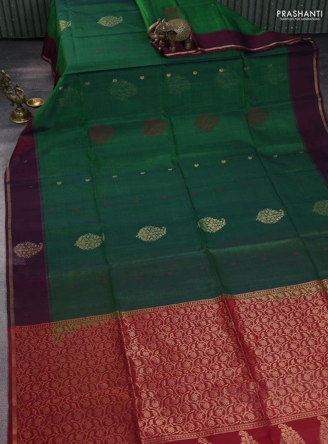 Kora silk cotton saree green and maroon with thread & zari woven buttas and zari woven butta border
