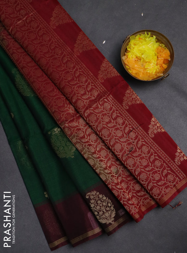 Kora silk cotton saree green and maroon with thread & zari woven buttas and zari woven butta border