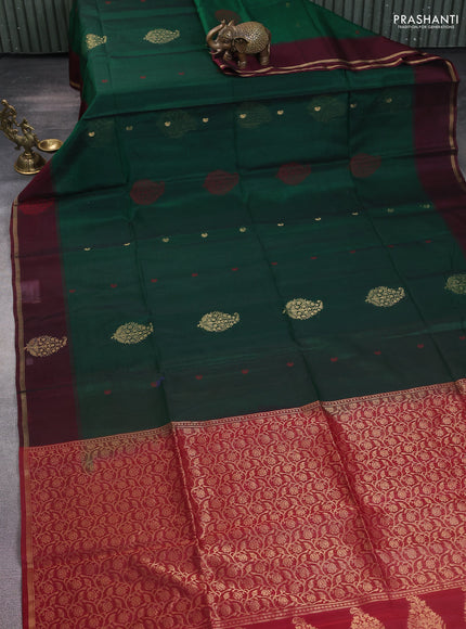 Kora silk cotton saree green and maroon with thread & zari woven buttas and zari woven butta border