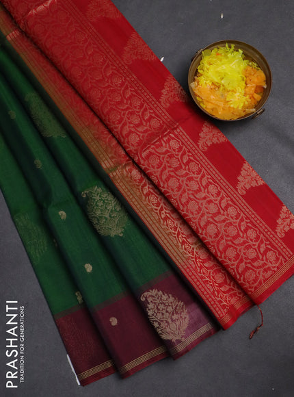 Kora silk cotton saree green and red with thread & zari woven buttas and zari woven butta border