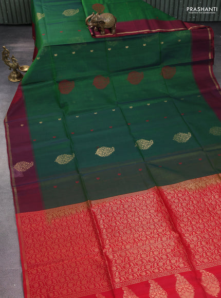 Kora silk cotton saree green and red with thread & zari woven buttas and zari woven butta border