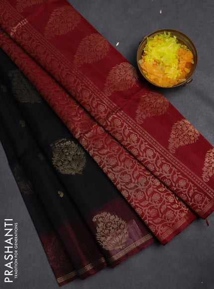 Kora silk cotton saree black and maroon with thread & zari woven buttas and zari woven butta border
