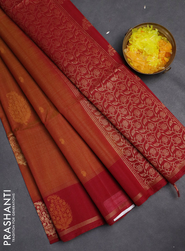 Kora silk cotton saree dark mustard and maroon with zari woven buttas and zari woven border