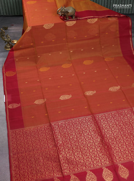 Kora silk cotton saree dark mustard and maroon with zari woven buttas and zari woven border