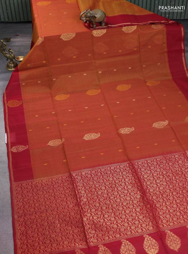 Kora silk cotton saree dark mustard and maroon with zari woven buttas and zari woven border