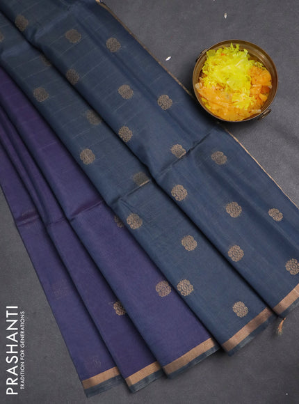 Kora silk cotton saree grey and purple shade with zari woven buttas and zari woven border