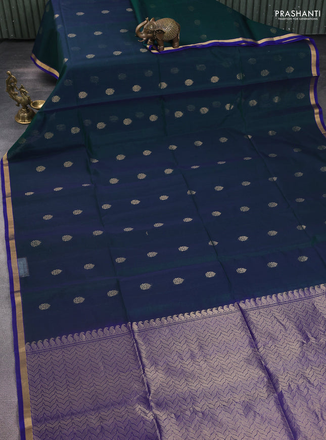 Kora silk cotton saree dual shade of greenish blue and blue with zari woven buttas and zari woven border