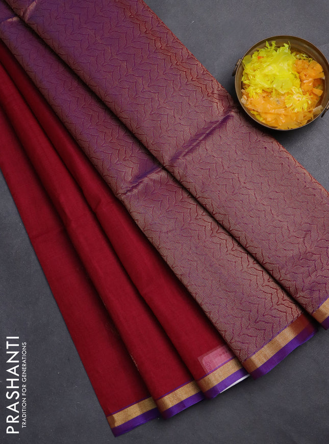 Kora silk cotton saree maroon and purple with zari woven buttas and zari woven border